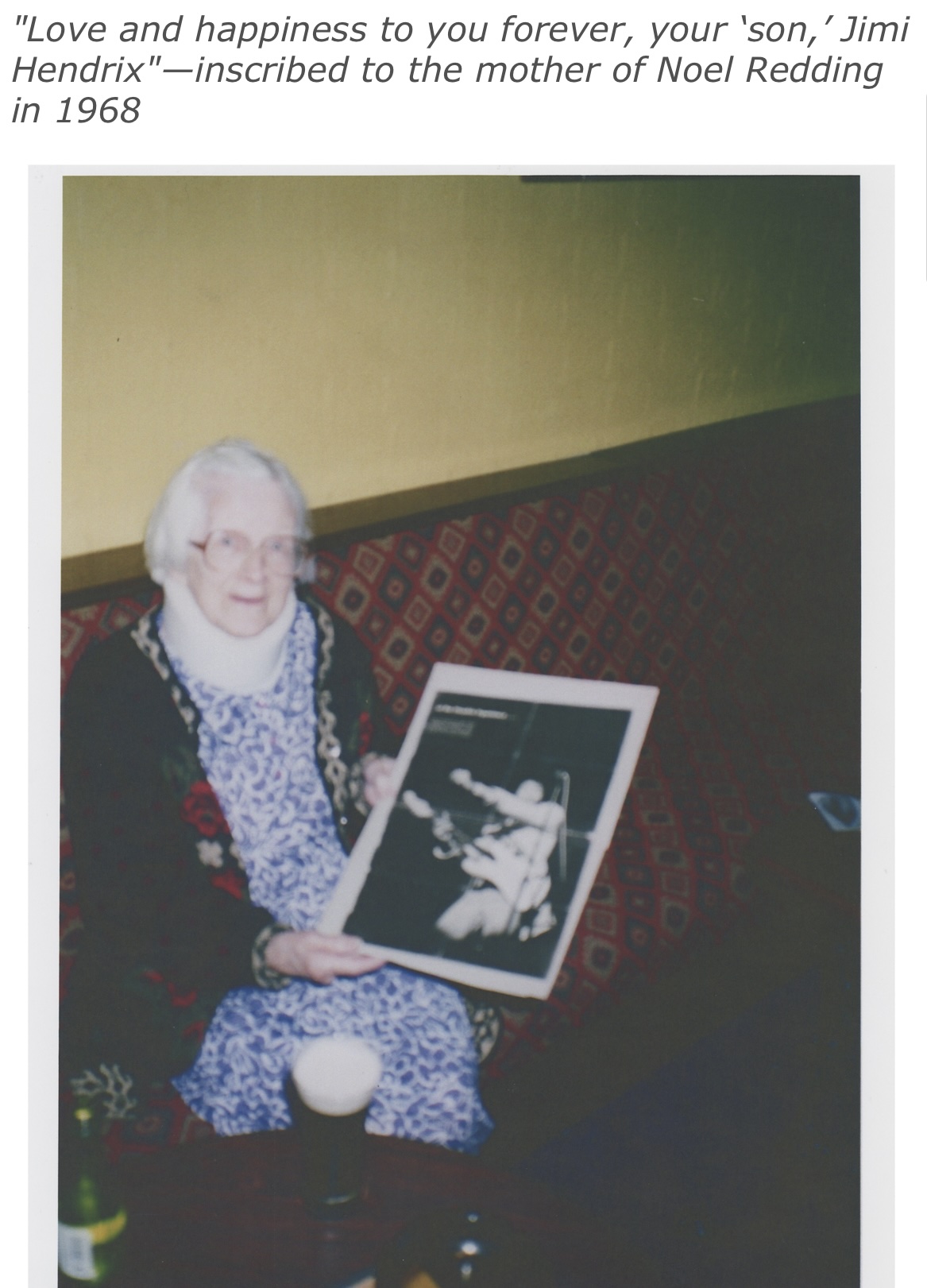 Noel Reddings Mother with a signed picture of Jimm Hendrix 1968